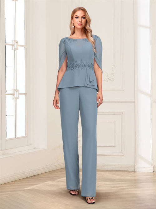 Illusion Scoop Appliques Ruched 2 Pieces Pantsuits with Cape