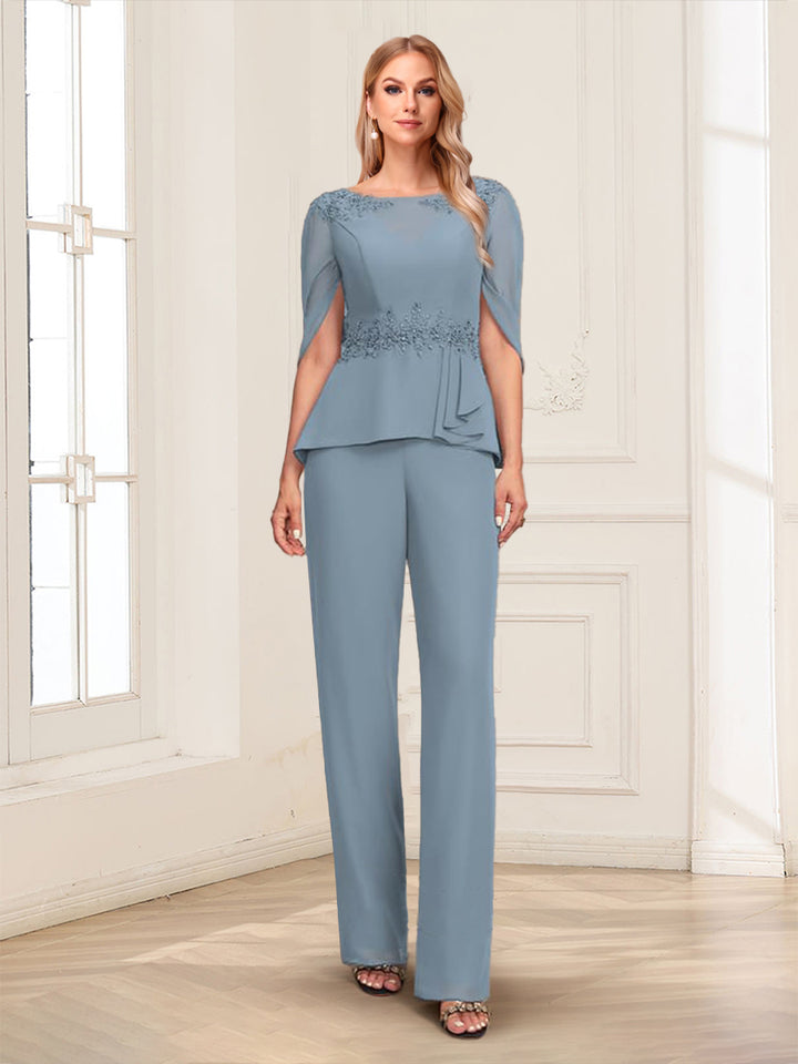Illusion Scoop Appliques Ruched 2 Pieces Pantsuits with Cape
