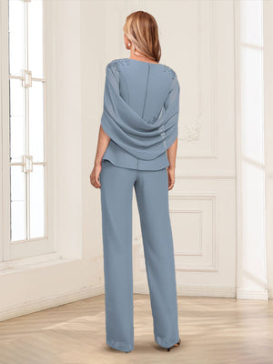 Illusion Scoop Appliques Ruched 2 Pieces Pantsuits with Cape
