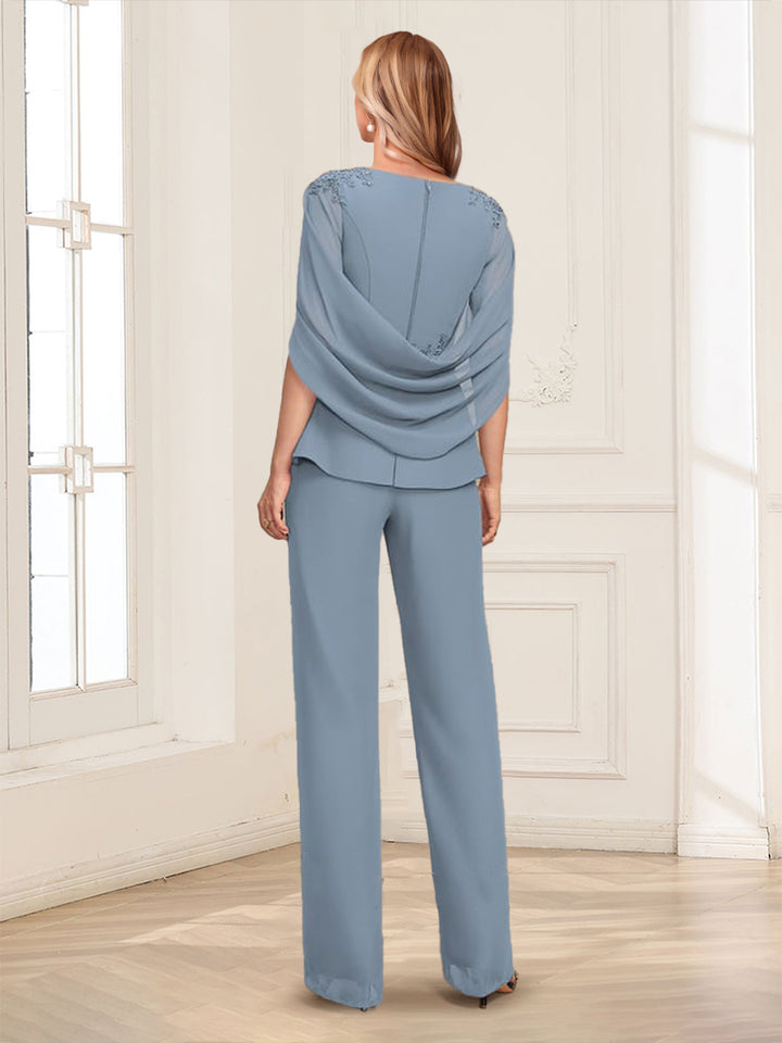 Illusion Scoop Appliques Ruched 2 Pieces Pantsuits with Cape