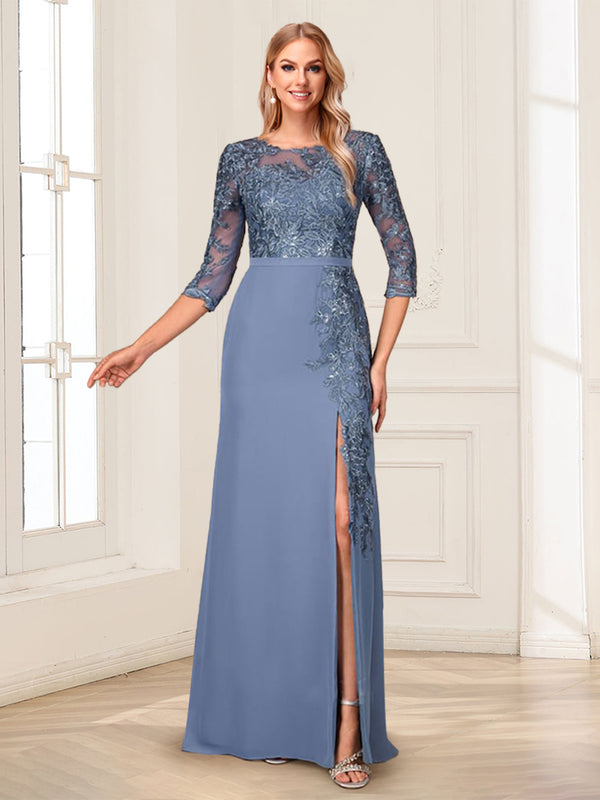 Sheath/Column Scoop 3/4 Sleeves Floor-Length Mother of the Bride Dresses with Appliques & Split Side
