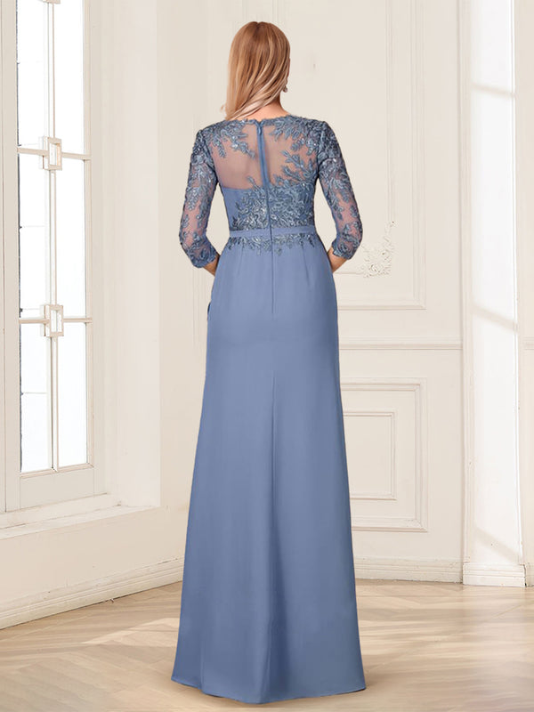 Sheath/Column Scoop 3/4 Sleeves Floor-Length Mother of the Bride Dresses with Appliques & Split Side