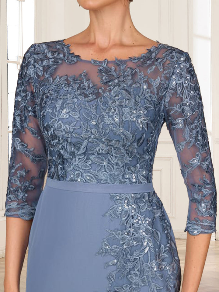 Sheath/Column Scoop 3/4 Sleeves Floor-Length Mother of the Bride Dresses with Appliques &amp; Split Side