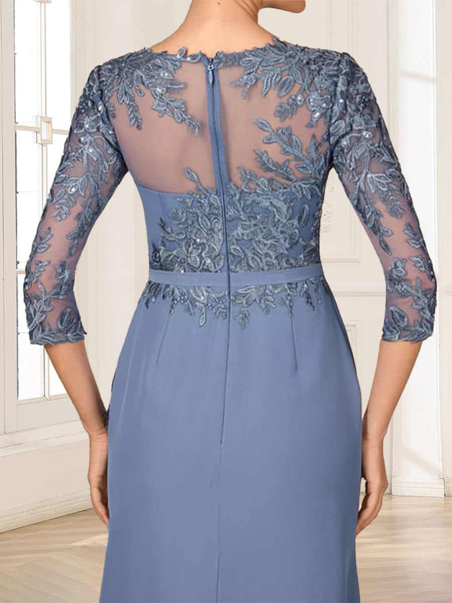 Sheath/Column Scoop 3/4 Sleeves Floor-Length Mother of the Bride Dresses with Appliques &amp; Split Side