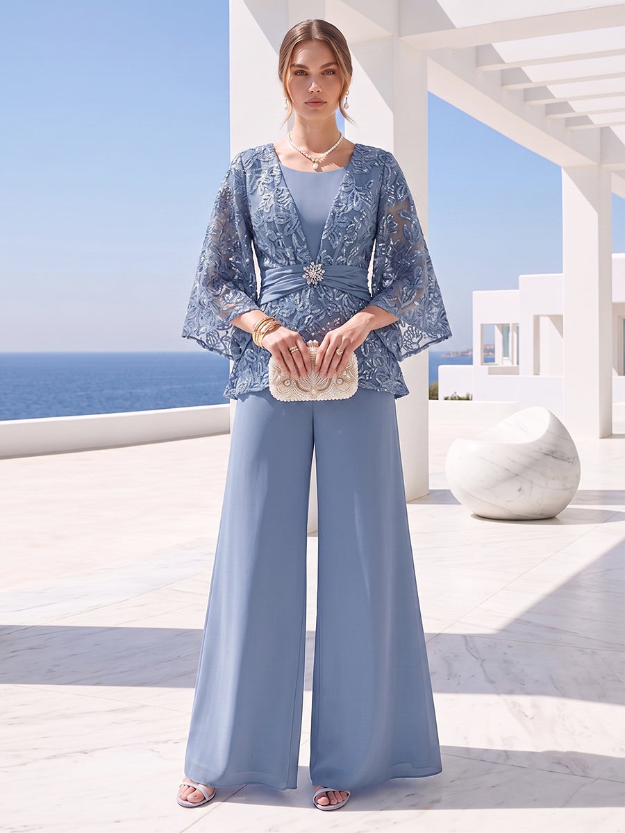 Scoop Appliques Ruched 2 Pieces Pantsuits with Sequins