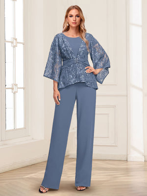 Scoop Appliques Ruched 2 Pieces Pantsuits with Sequins