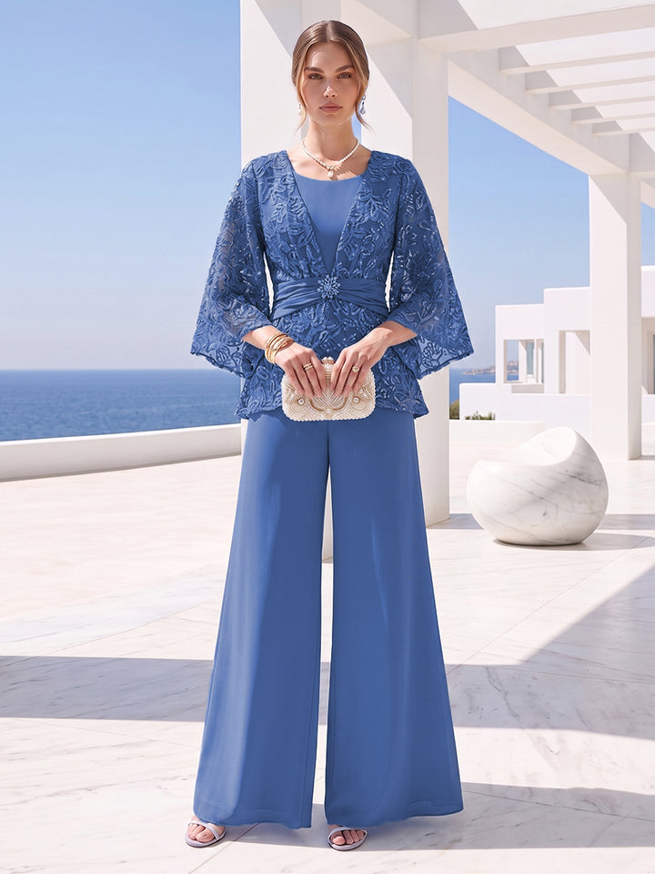 Scoop Appliques Ruched 2 Pieces Pantsuits with Sequins