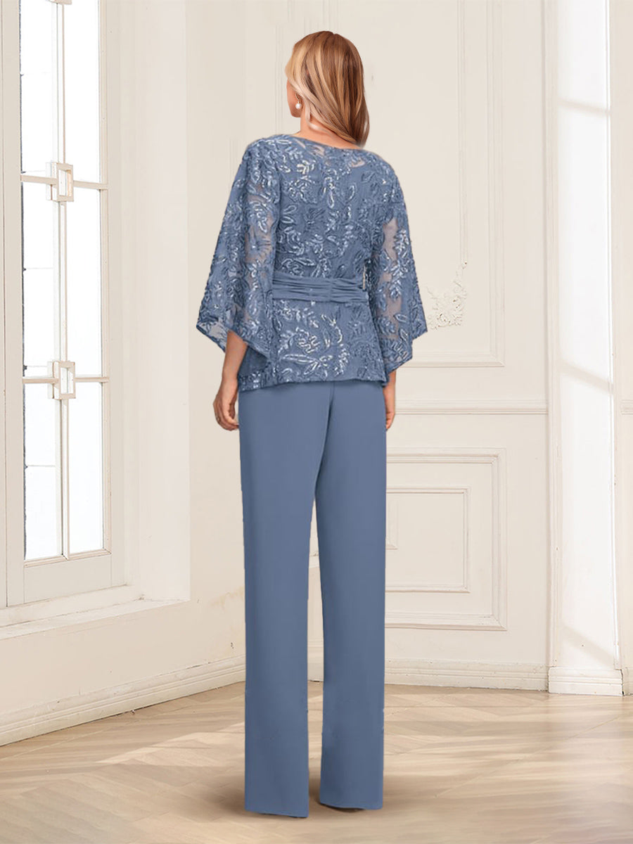 Scoop Appliques Ruched 2 Pieces Pantsuits with Sequins