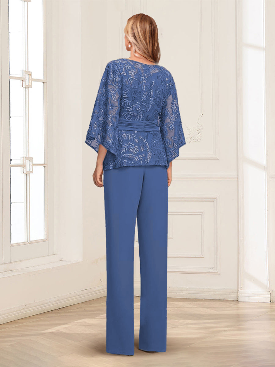 Scoop Appliques Ruched 2 Pieces Pantsuits with Sequins