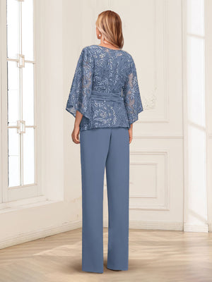 Scoop Appliques Ruched 2 Pieces Pantsuits with Sequins