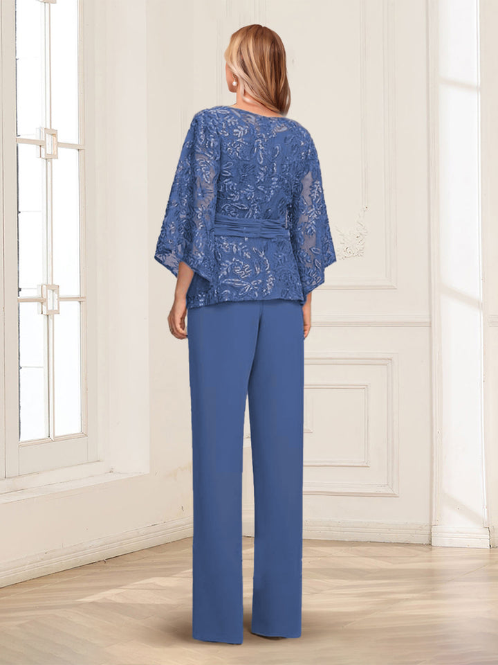 Scoop Appliques Ruched 2 Pieces Pantsuits with Sequins