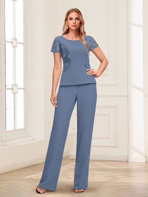 Scoop Appliques Ruched 2 Pieces Pantsuits with Sequins