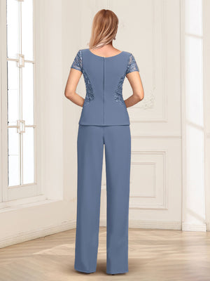 Scoop Appliques Ruched 2 Pieces Pantsuits with Sequins