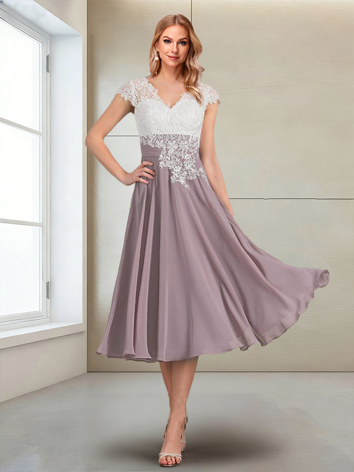 A-Line/Princess Cap Sleeves V-Neck Tea-Length Mother of the Bride with Appliques
