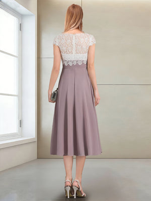 A-Line/Princess Cap Sleeves V-Neck Tea-Length Mother of the Bride with Appliques