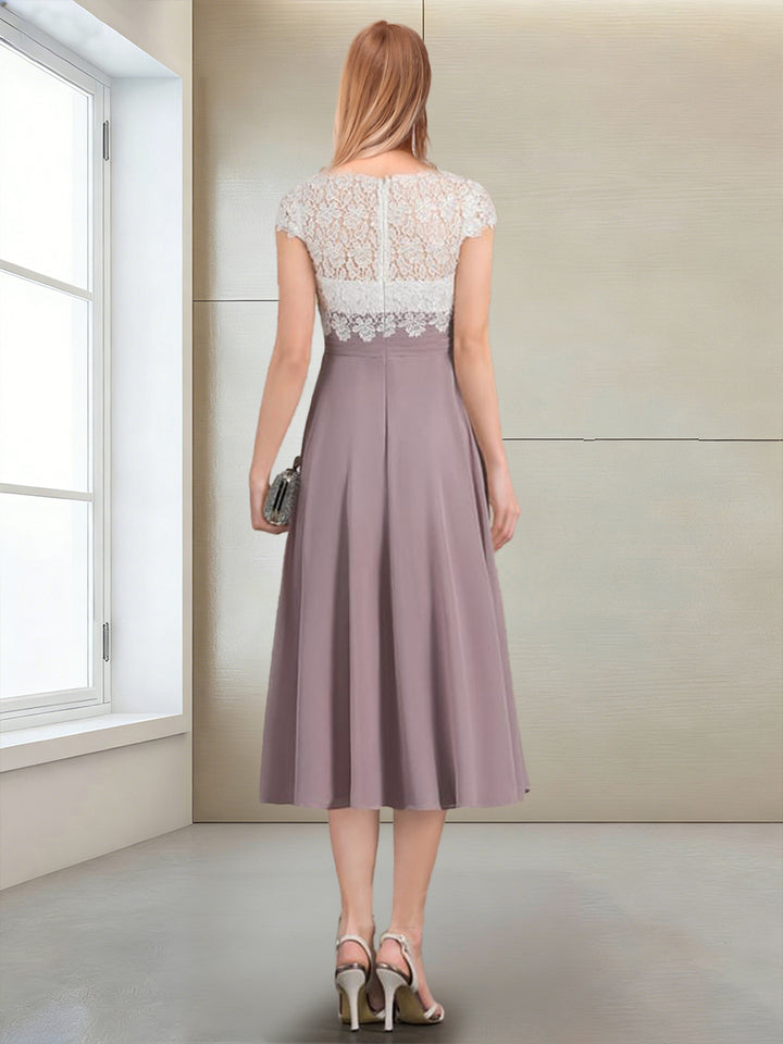 A-Line/Princess Cap Sleeves V-Neck Tea-Length Mother of the Bride with Appliques