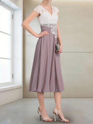 A-Line/Princess Cap Sleeves V-Neck Tea-Length Mother of the Bride with Appliques