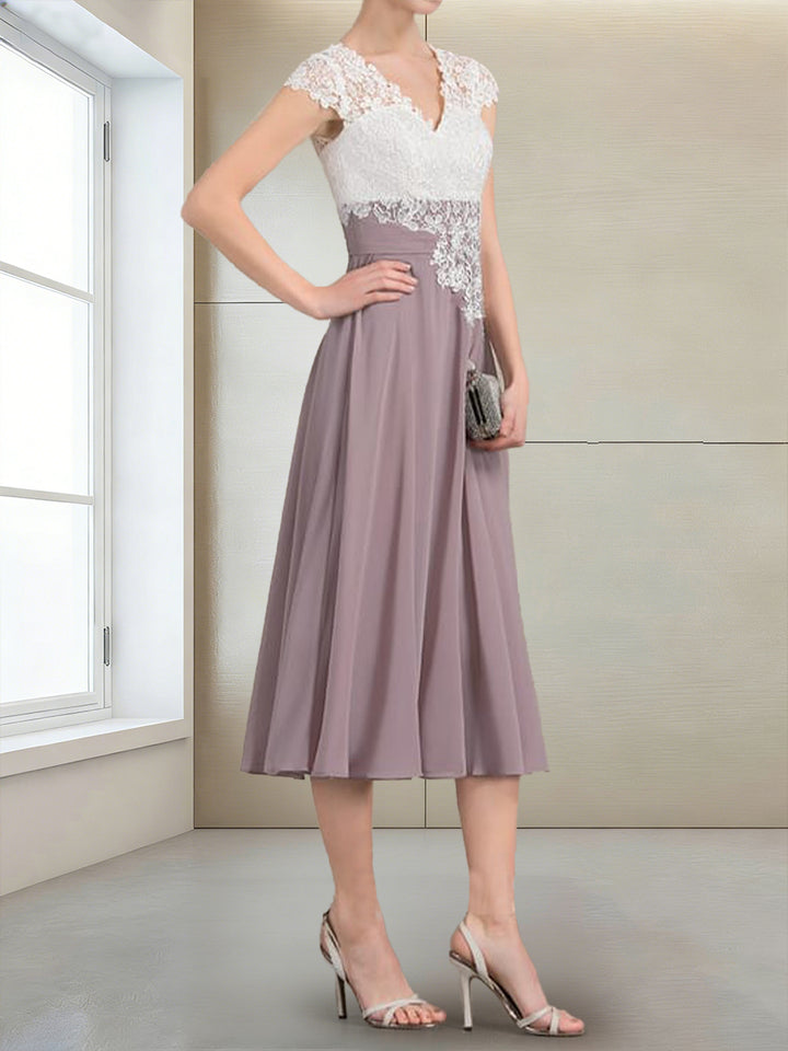 A-Line/Princess Cap Sleeves V-Neck Tea-Length Mother of the Bride with Appliques