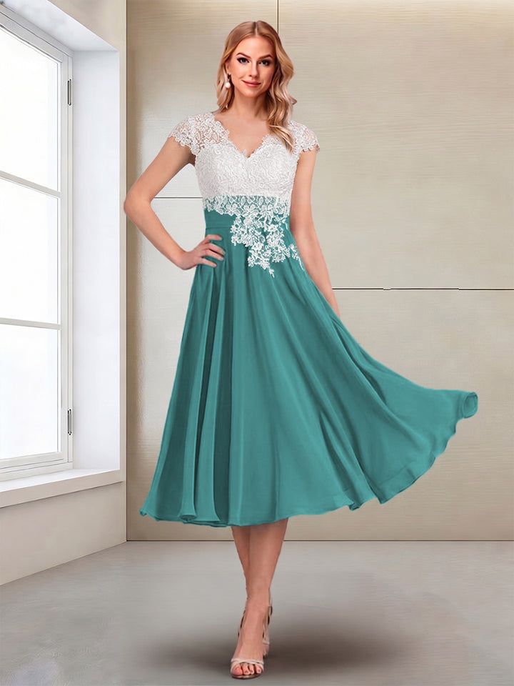 A-Line/Princess Cap Sleeves V-Neck Tea-Length Mother of the Bride with Appliques
