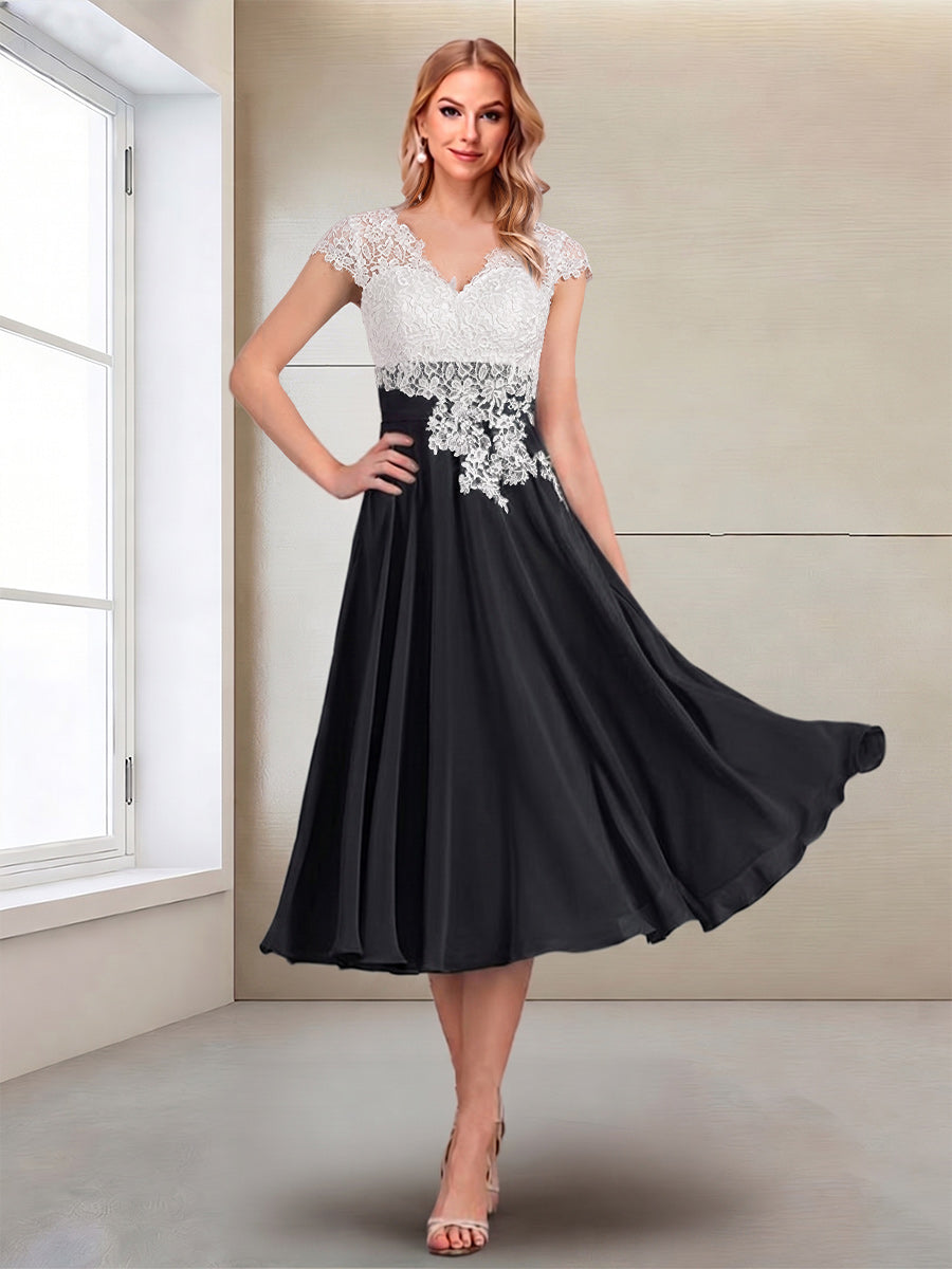 A-Line/Princess Cap Sleeves V-Neck Tea-Length Mother of the Bride with Appliques
