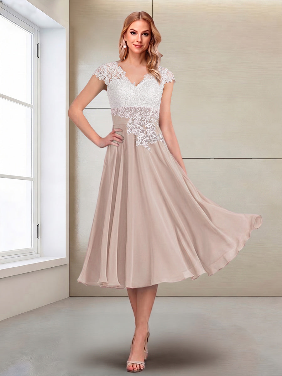 A-Line/Princess Cap Sleeves V-Neck Tea-Length Mother of the Bride with Appliques