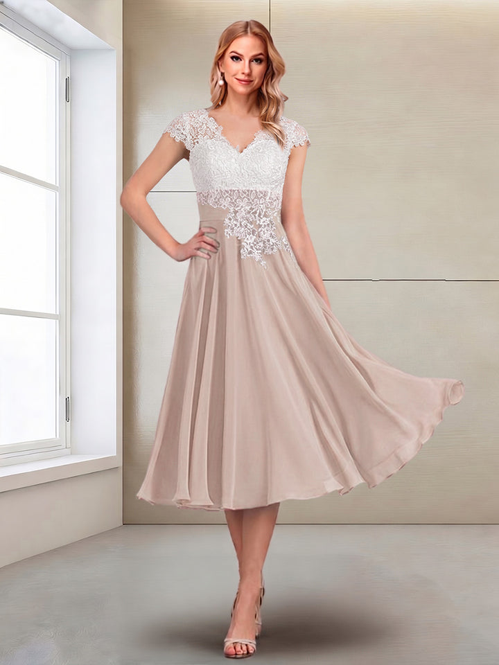 A-Line/Princess Cap Sleeves V-Neck Tea-Length Mother of the Bride with Appliques
