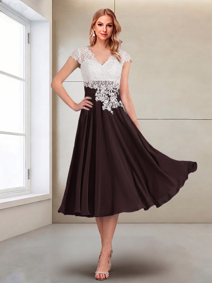 A-Line/Princess Cap Sleeves V-Neck Tea-Length Mother of the Bride with Appliques