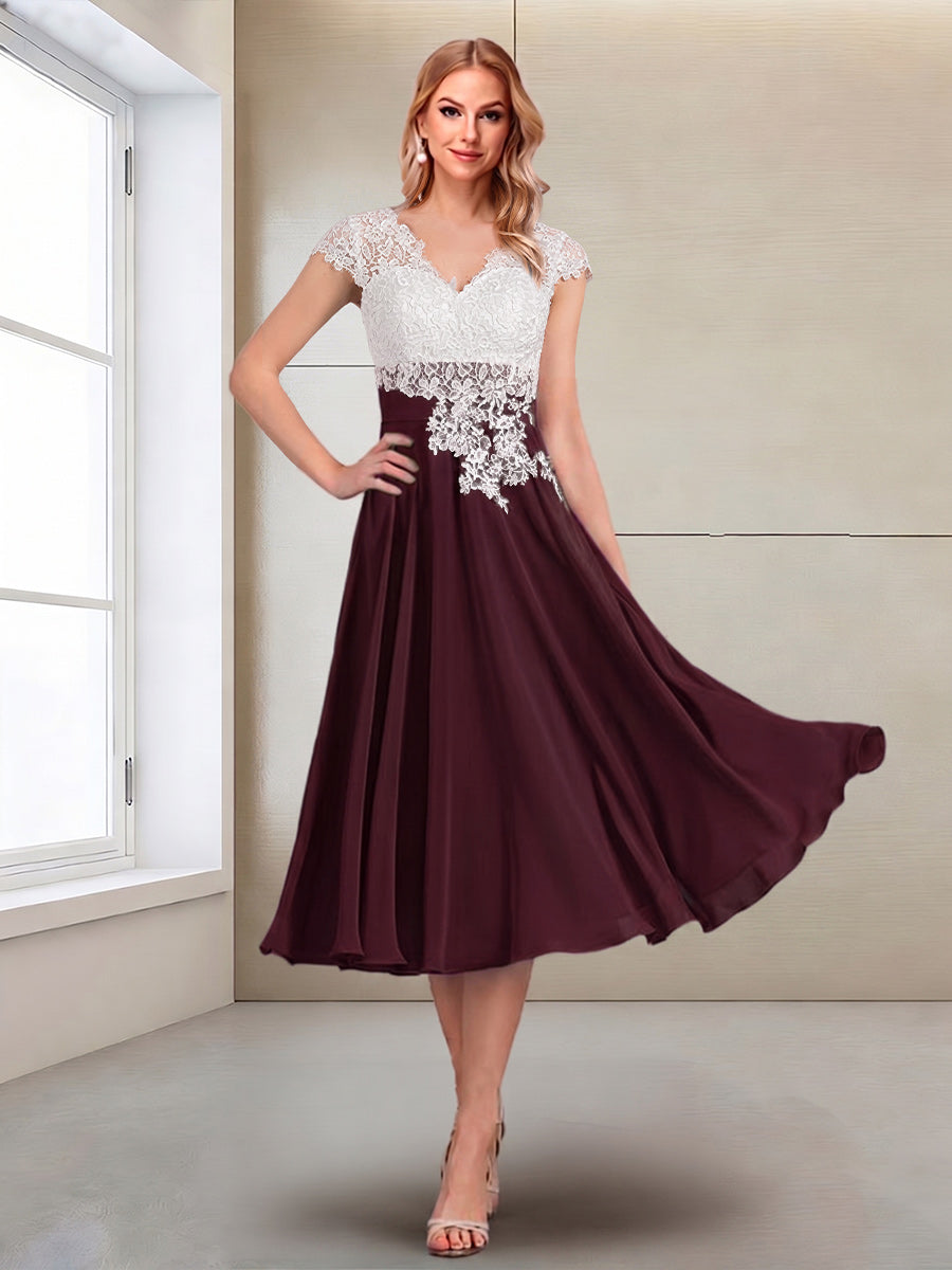 A-Line/Princess Cap Sleeves V-Neck Tea-Length Mother of the Bride with Appliques