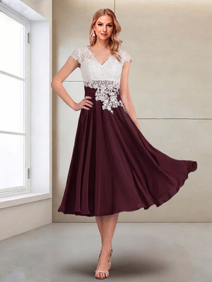 A-Line/Princess Cap Sleeves V-Neck Tea-Length Mother of the Bride with Appliques