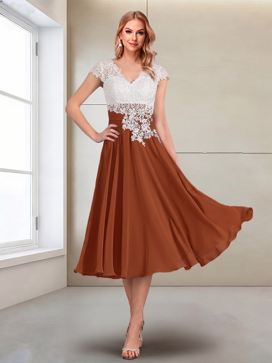 A-Line/Princess Cap Sleeves V-Neck Tea-Length Mother of the Bride with Appliques