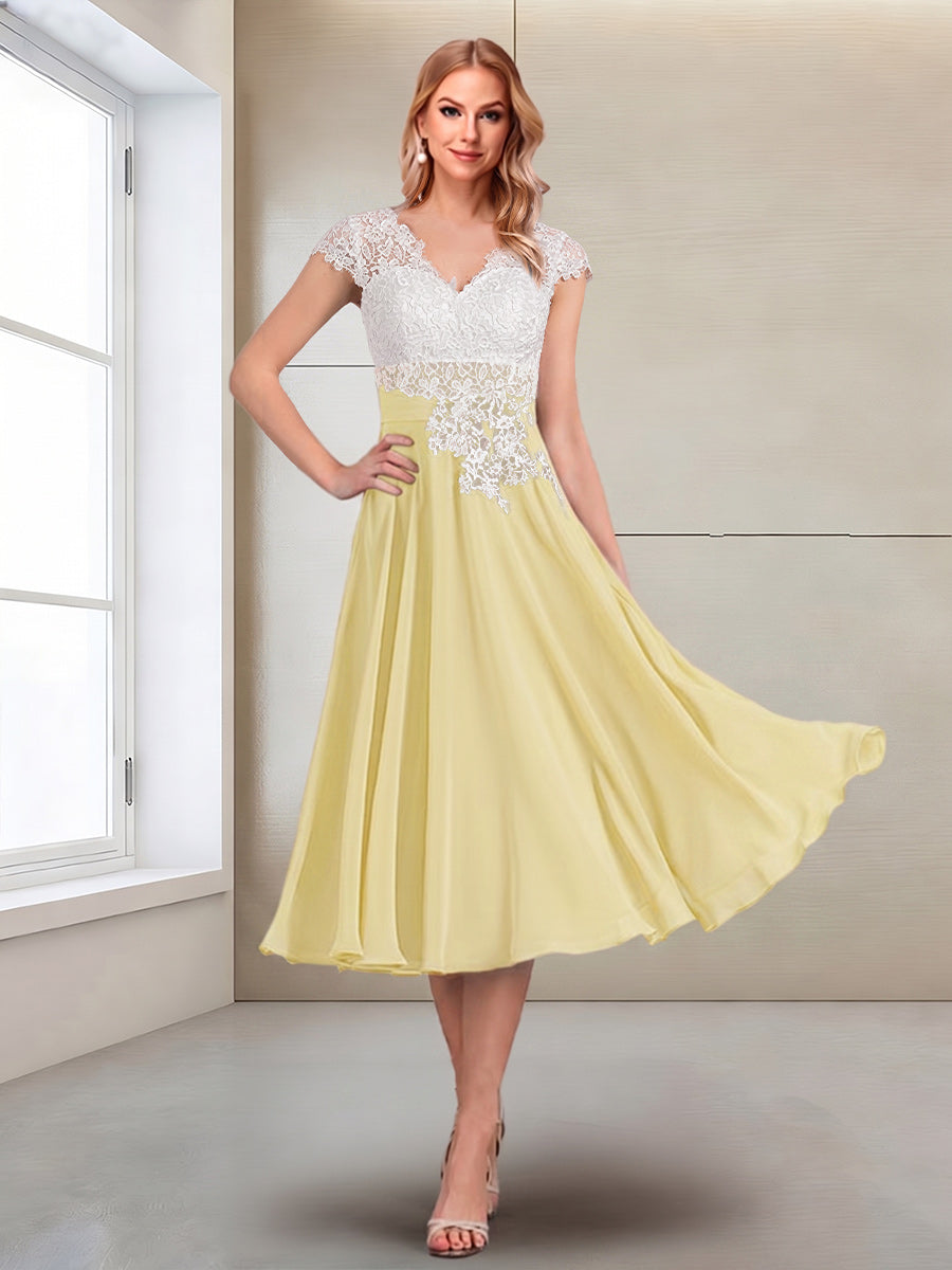 A-Line/Princess Cap Sleeves V-Neck Tea-Length Mother of the Bride with Appliques