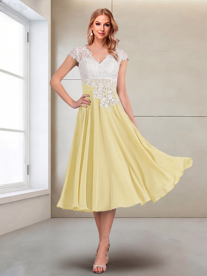 A-Line/Princess Cap Sleeves V-Neck Tea-Length Mother of the Bride with Appliques