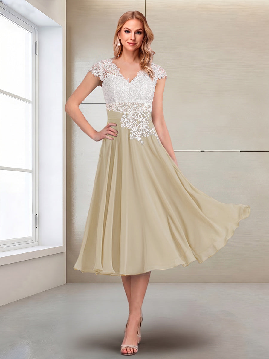 A-Line/Princess Cap Sleeves V-Neck Tea-Length Mother of the Bride with Appliques