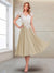 A-Line/Princess Cap Sleeves V-Neck Tea-Length Mother of the Bride with Appliques