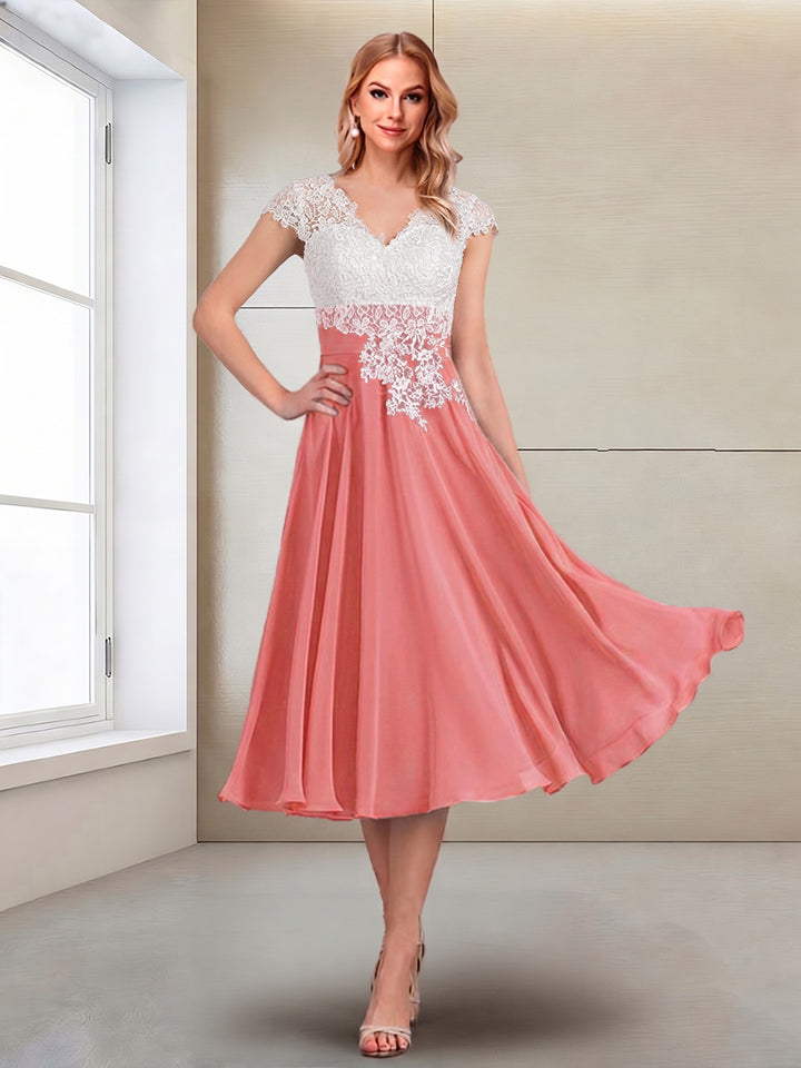 A-Line/Princess Cap Sleeves V-Neck Tea-Length Mother of the Bride with Appliques