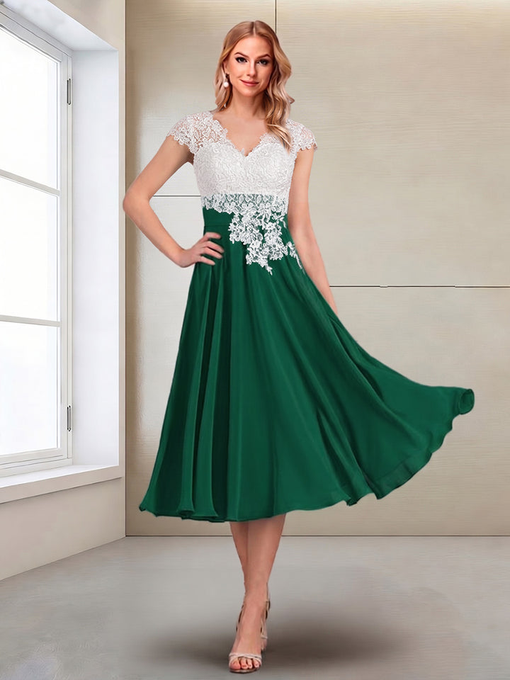 A-Line/Princess Cap Sleeves V-Neck Tea-Length Mother of the Bride with Appliques