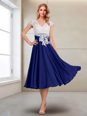 A-Line/Princess Cap Sleeves V-Neck Tea-Length Mother of the Bride with Appliques