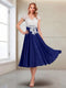 A-Line/Princess Cap Sleeves V-Neck Tea-Length Mother of the Bride with Appliques
