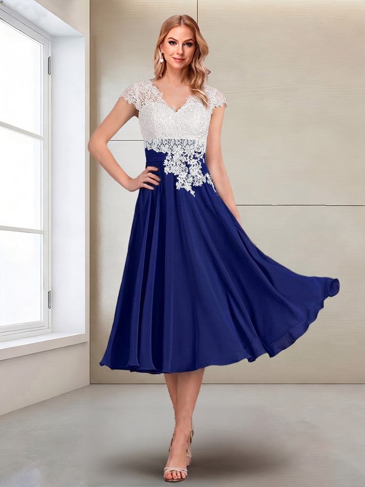 A-Line/Princess Cap Sleeves V-Neck Tea-Length Mother of the Bride with Appliques