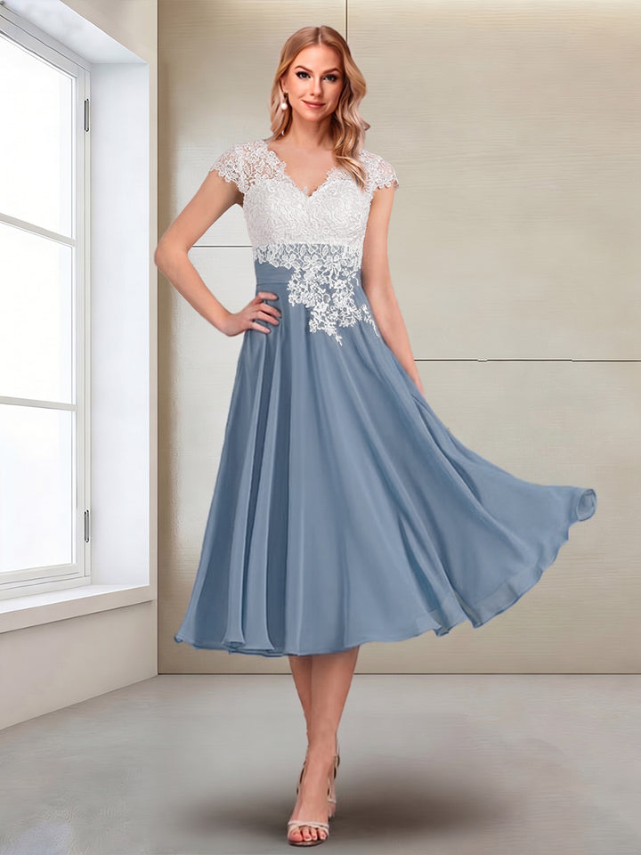 A-Line/Princess Cap Sleeves V-Neck Tea-Length Mother of the Bride with Appliques