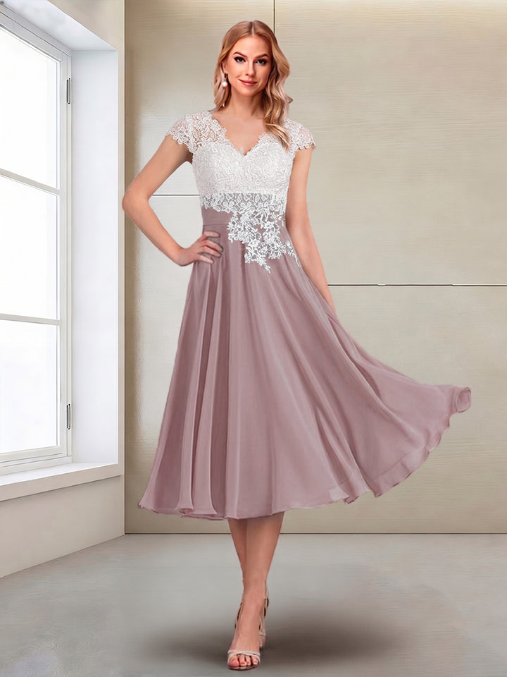 A-Line/Princess Cap Sleeves V-Neck Tea-Length Mother of the Bride with Appliques