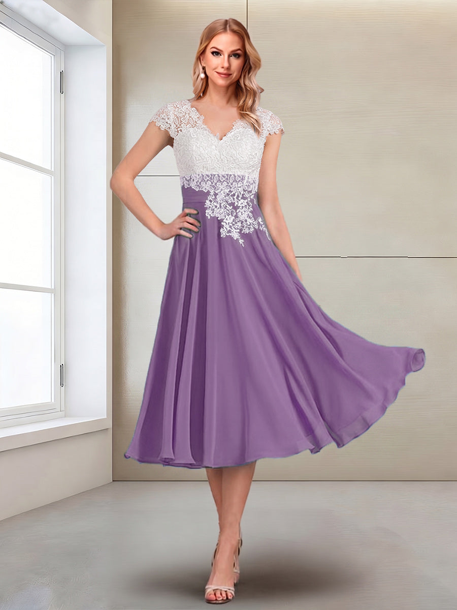 A-Line/Princess Cap Sleeves V-Neck Tea-Length Mother of the Bride with Appliques