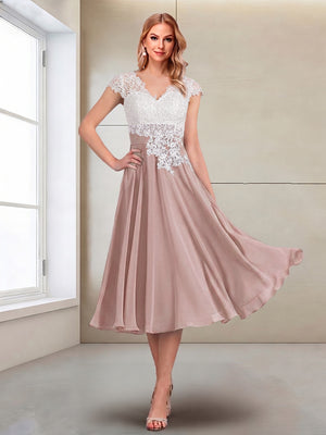 A-Line/Princess Cap Sleeves V-Neck Tea-Length Mother of the Bride with Appliques