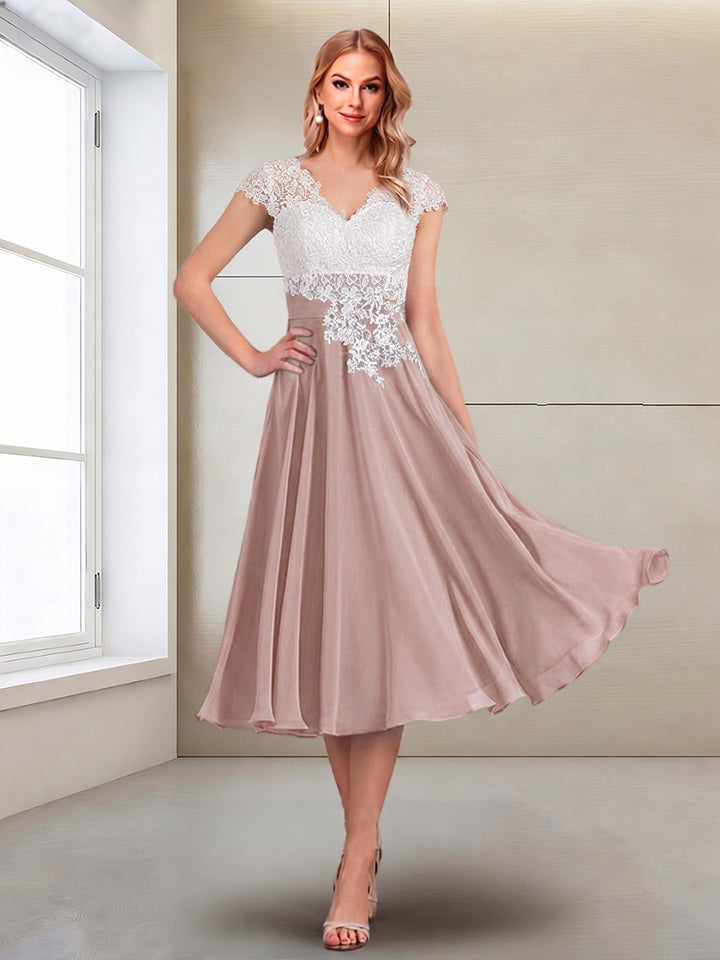 A-Line/Princess Cap Sleeves V-Neck Tea-Length Mother of the Bride with Appliques