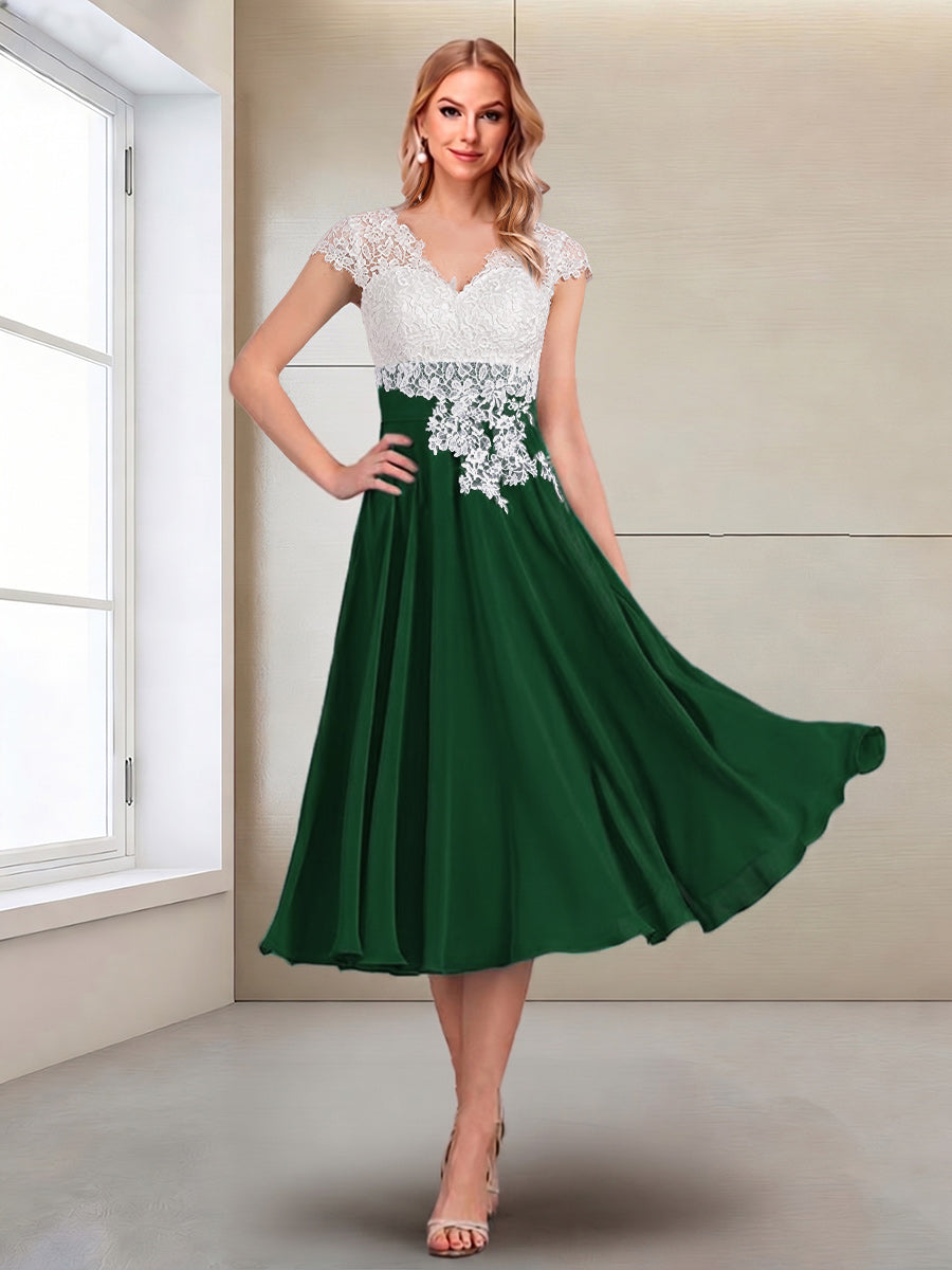 A-Line/Princess Cap Sleeves V-Neck Tea-Length Mother of the Bride with Appliques