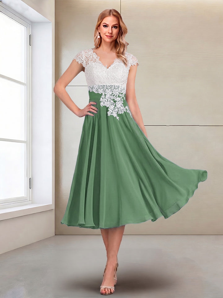A-Line/Princess Cap Sleeves V-Neck Tea-Length Mother of the Bride with Appliques