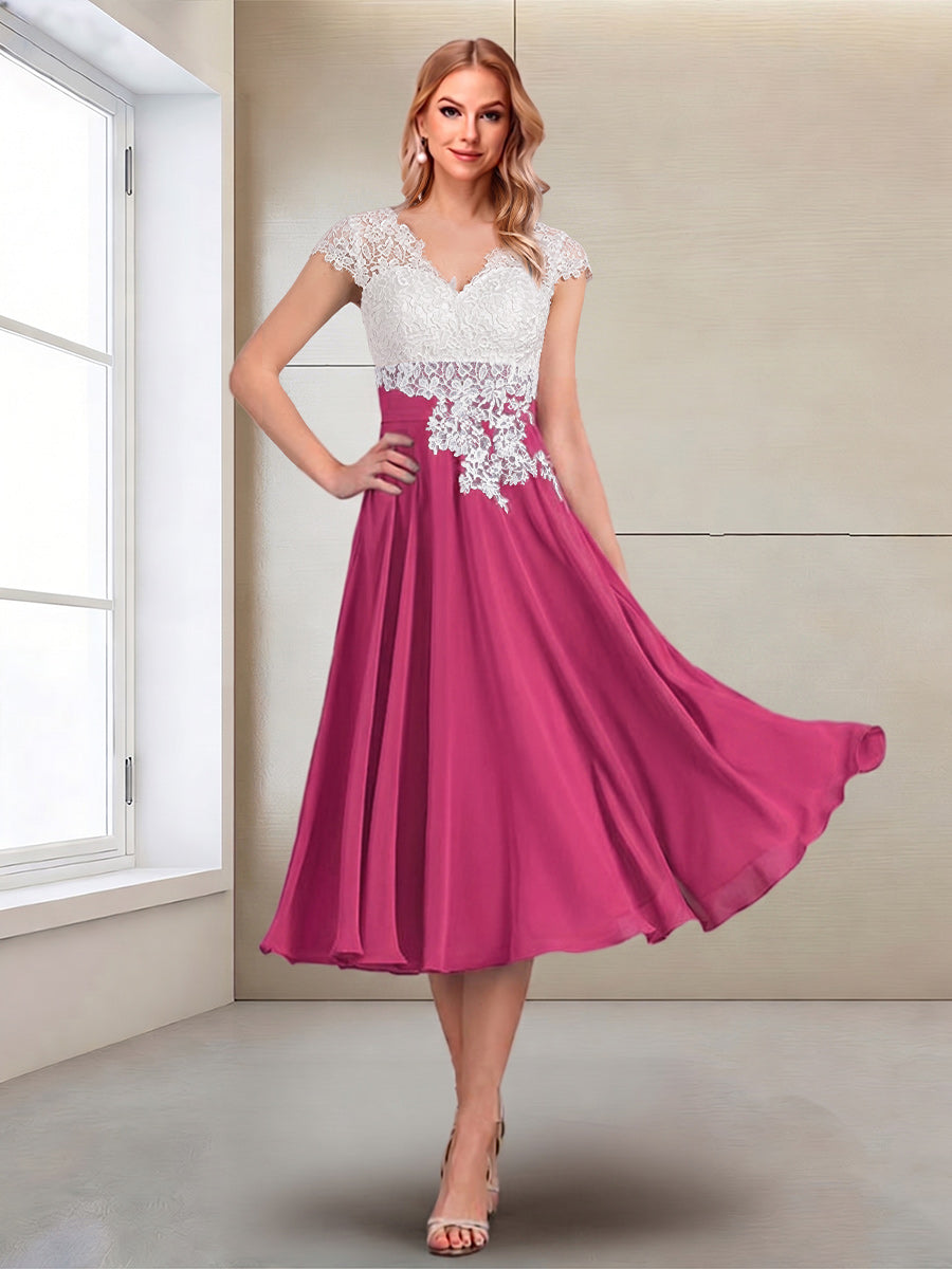 A-Line/Princess Cap Sleeves V-Neck Tea-Length Mother of the Bride with Appliques