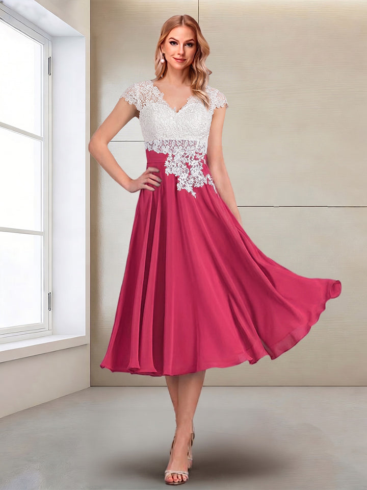 A-Line/Princess Cap Sleeves V-Neck Tea-Length Mother of the Bride with Appliques