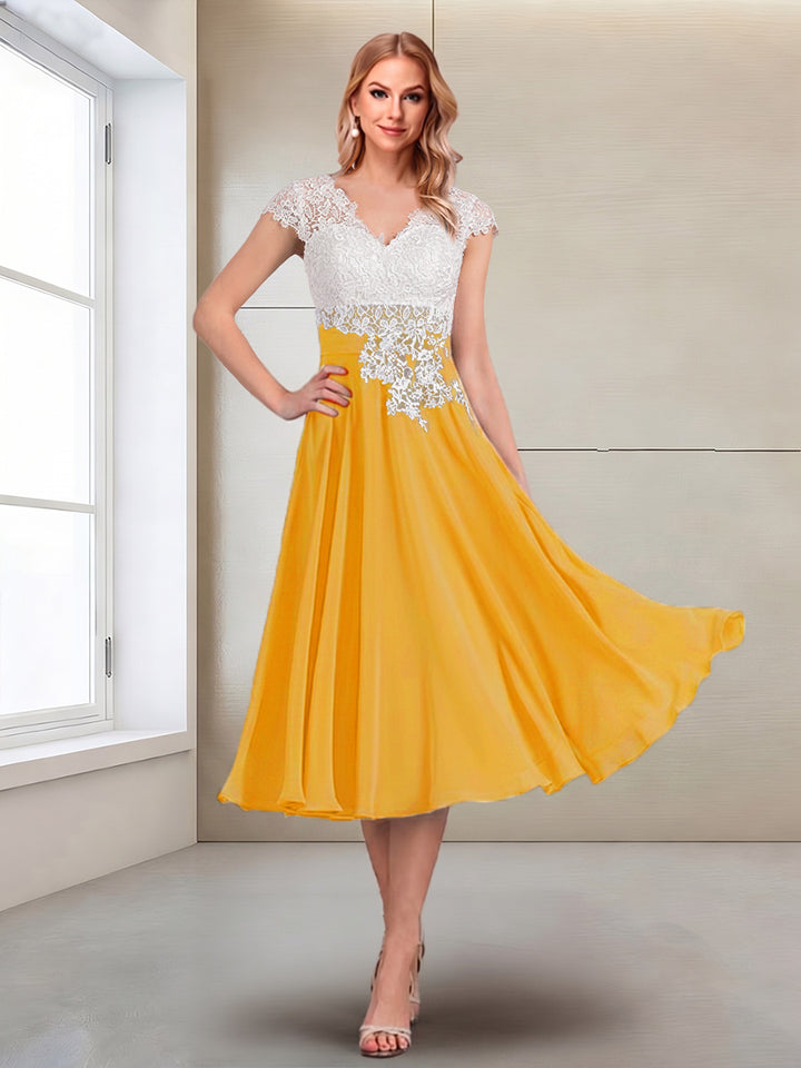 A-Line/Princess Cap Sleeves V-Neck Tea-Length Mother of the Bride with Appliques