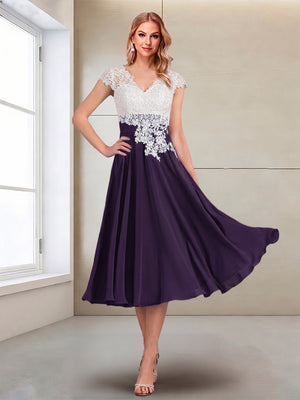 A-Line/Princess Cap Sleeves V-Neck Tea-Length Mother of the Bride with Appliques